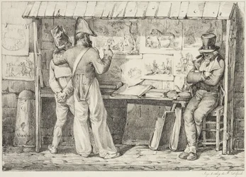 1818年から1819年の間のLe marchand de dessins lithographiques（織り紙に黒インクで印刷されたリソ）